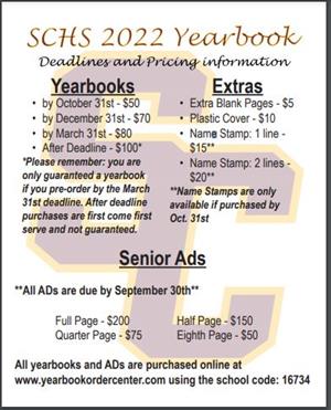 SCHS 2022 Yearbook Deadlines and Pricing Information